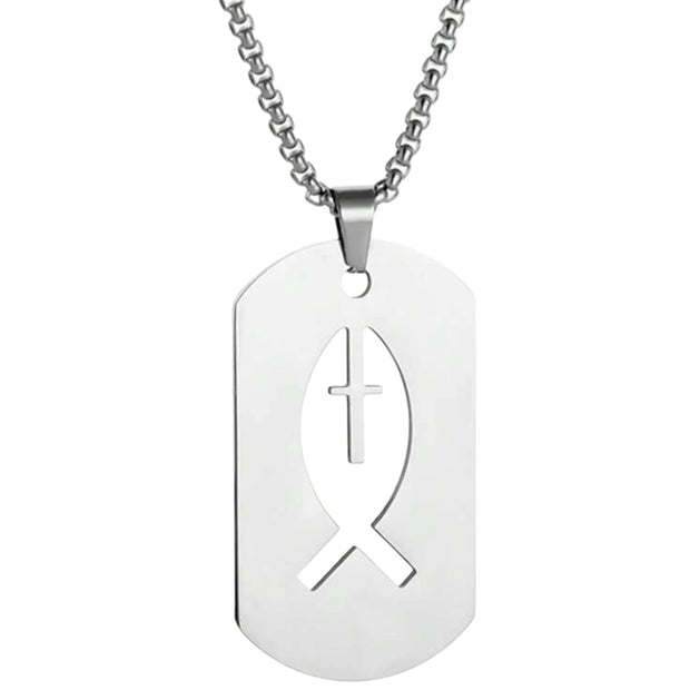 Men Stainless Steel Square Hollow Cross Fish Necklace