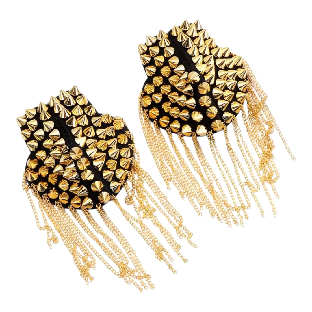 1Pair Women Chain Tassel Rivet Shoulder Pad Brooch Punk Tassel Metal Epaulet
