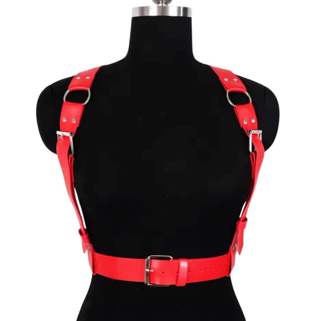 Women Red PU Leather Chest Strap Waist Fitted Corset Belt