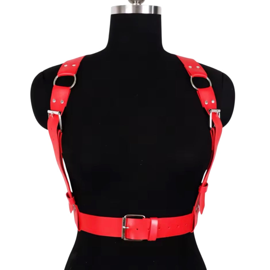 Women Red PU Leather Chest Strap Waist Fitted Corset Belt