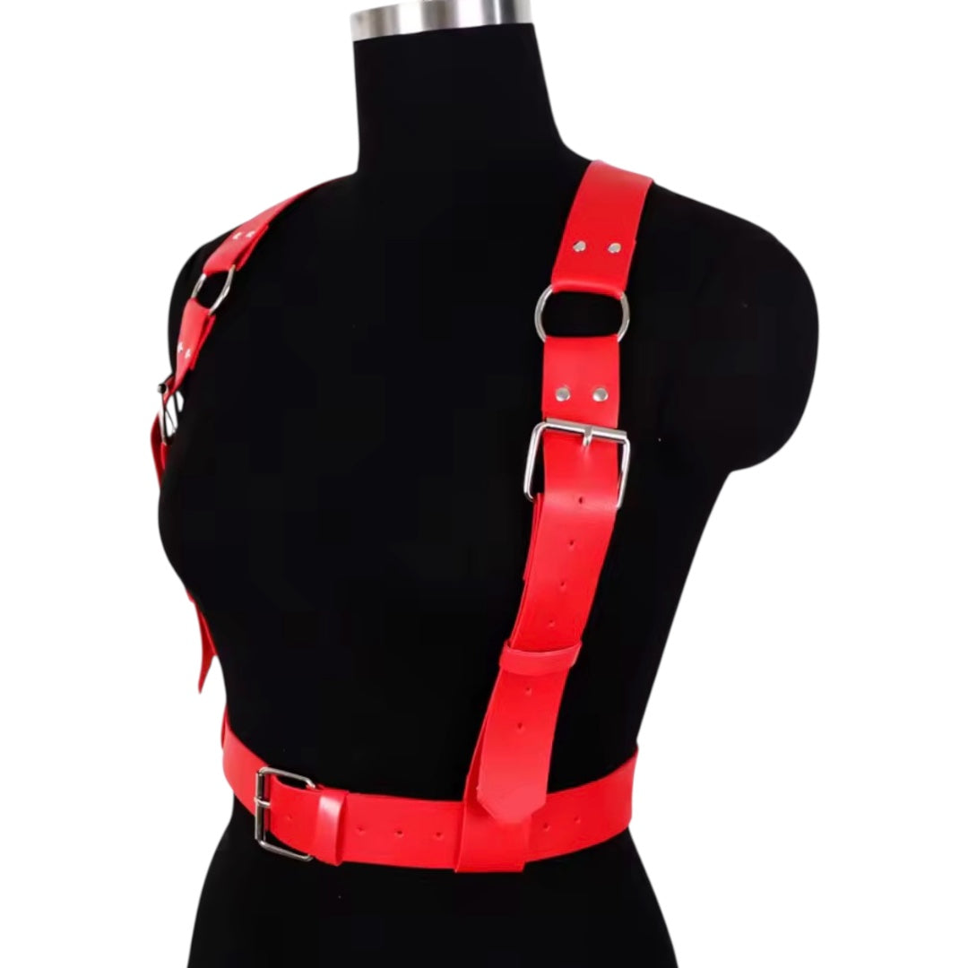 Women Red PU Leather Chest Strap Waist Fitted Corset Belt
