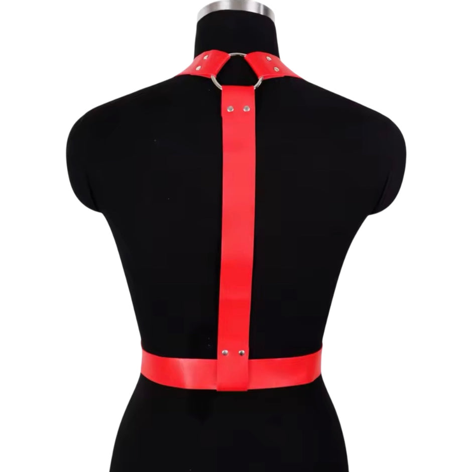 Women Red PU Leather Chest Strap Waist Fitted Corset Belt