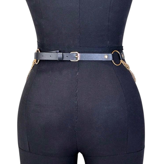 Women PU Leather Gold Waist Chain Body Harness Belt