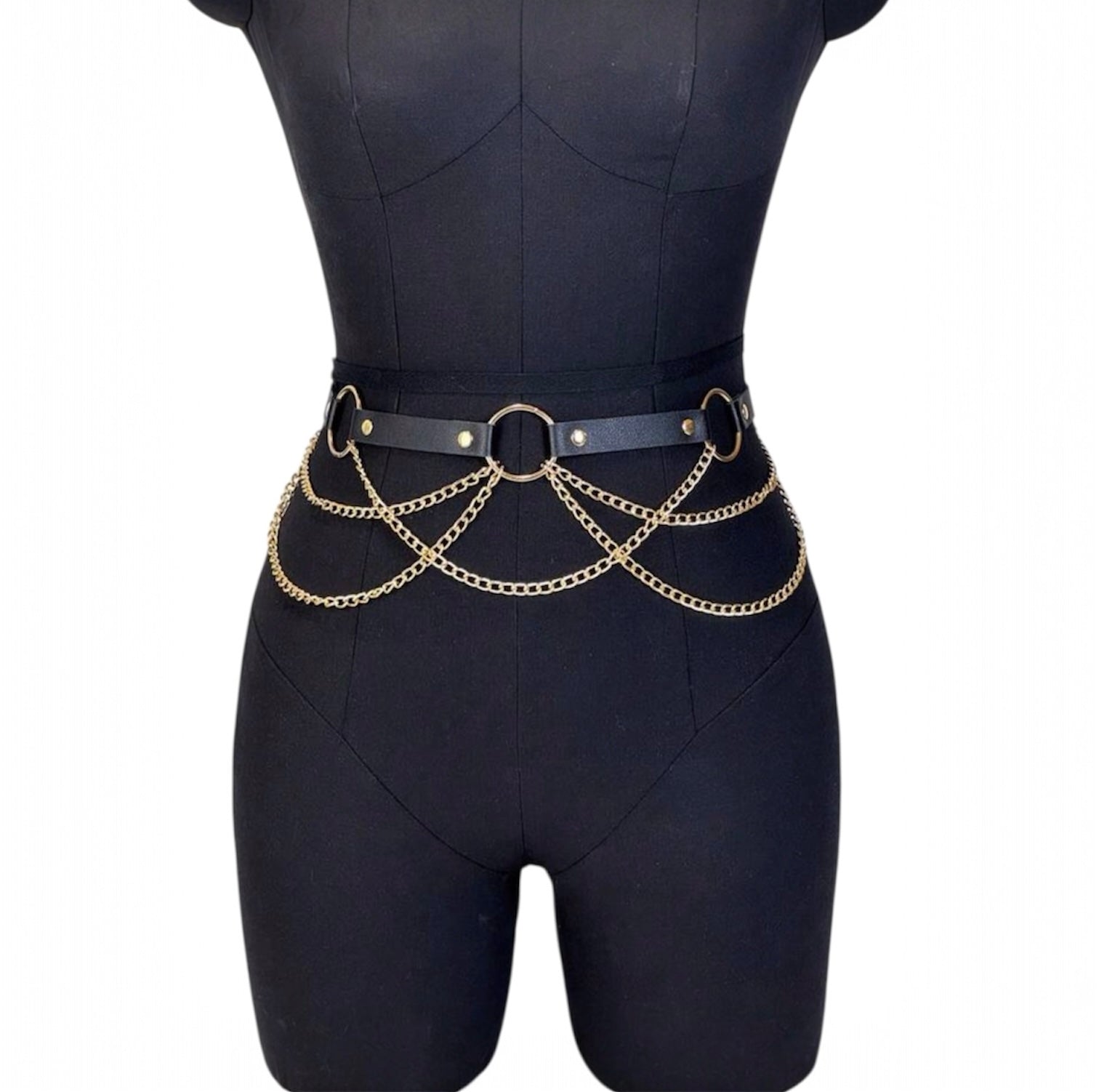 Women PU Leather Gold Waist Chain Body Harness Belt
