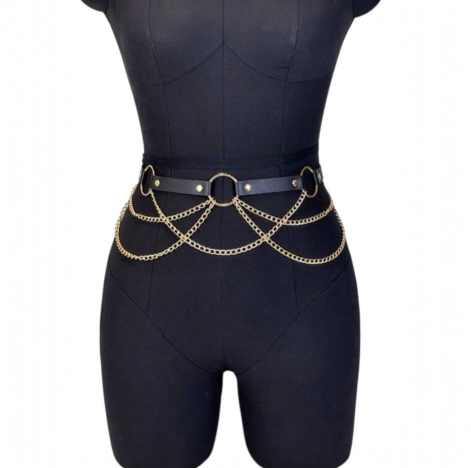 Women PU Leather Gold Waist Chain Body Harness Belt