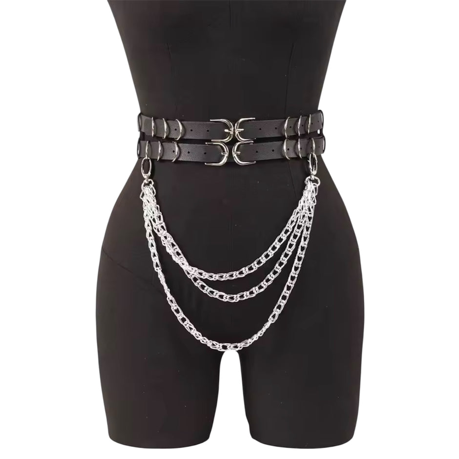 Women Double Snap Chain Belt Black PU Leather Belt