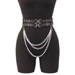 Women Double Snap Chain Belt Black PU Leather Belt