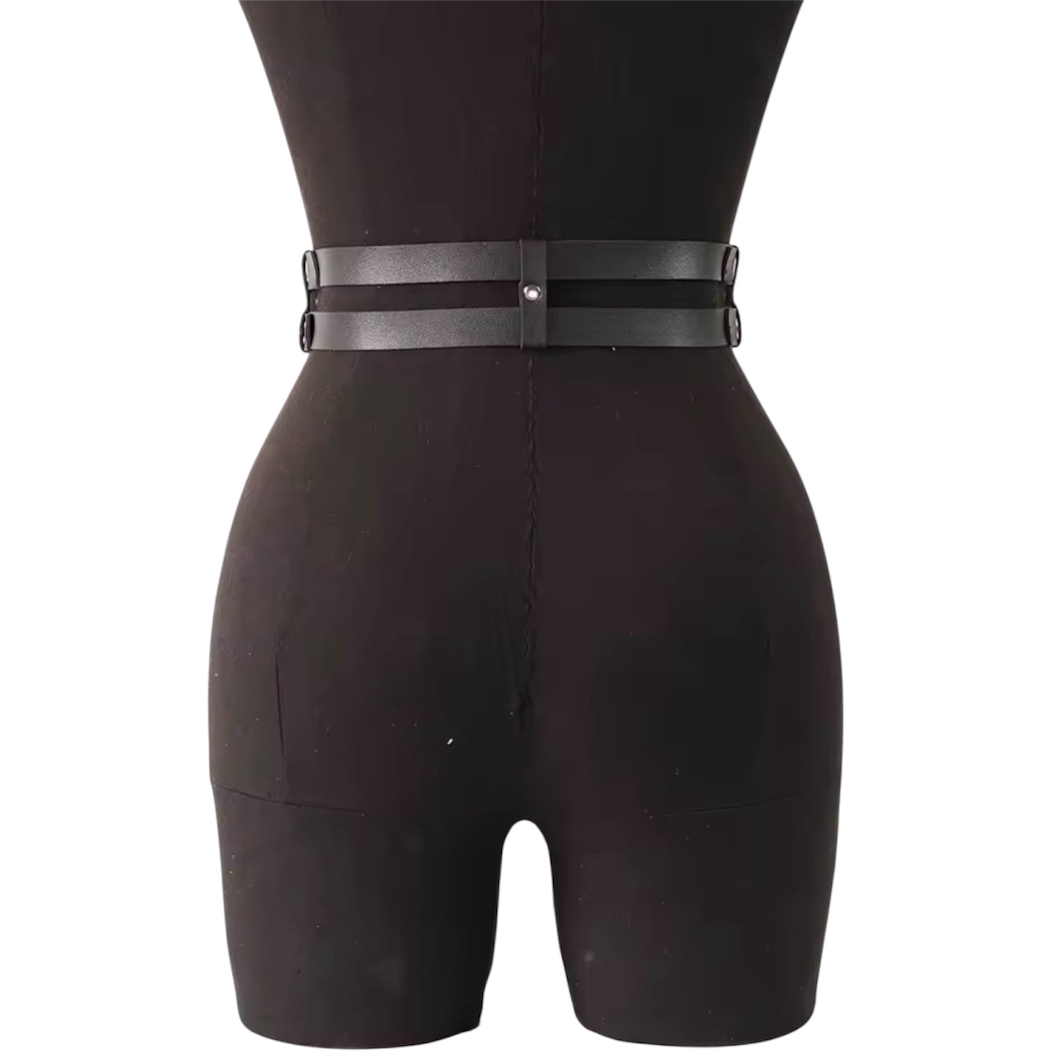 Women Double Snap Chain Belt Black PU Leather Belt