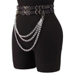Women Double Snap Chain Belt Black PU Leather Belt