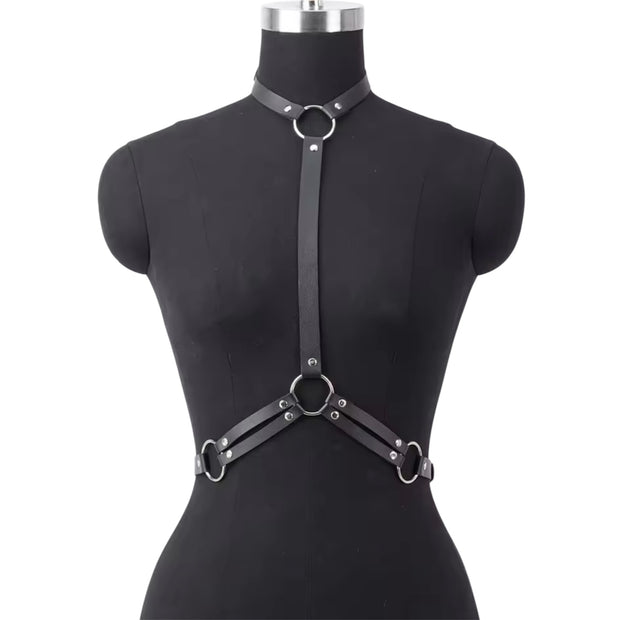 Women PU Leather Neck to Waist Belt Black Adjustable Chest Harness