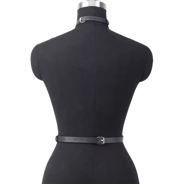 Women PU Leather Neck to Waist Belt Black Adjustable Chest Harness