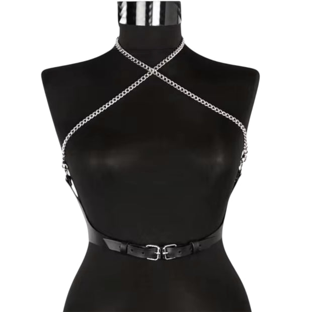 Women Body Black Tie With Shoulder Tassel Chain Harness