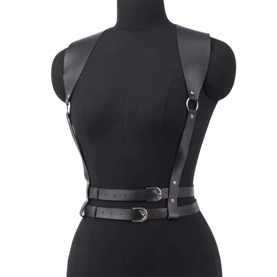 Women Black Gothic PU Leather Chest Harness