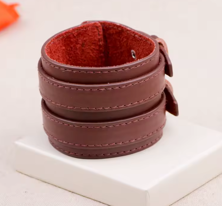 Men Leather Double Buckle Bracelet