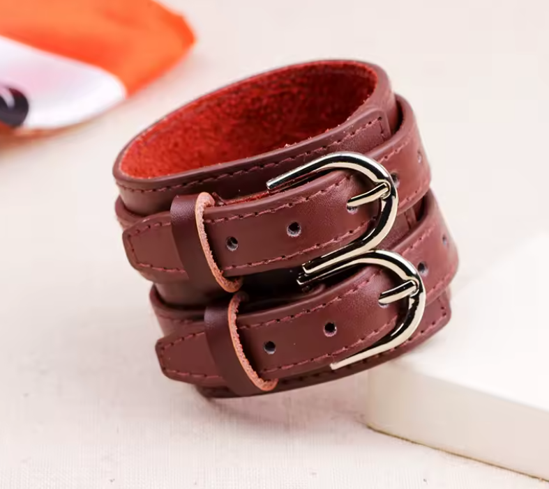 Men Leather Double Buckle Bracelet