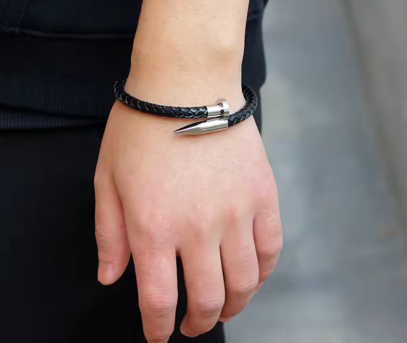 Men Nail Leather Stainless Steel Bracelet