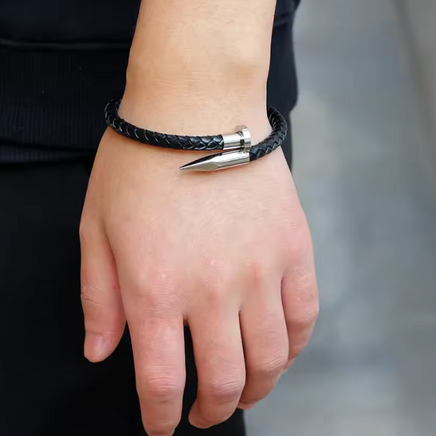 Men Nail Leather Stainless Steel Bracelet