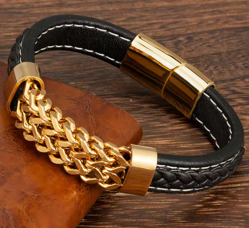 Men Vintage Style Leather Stainless Steel Bracelet
