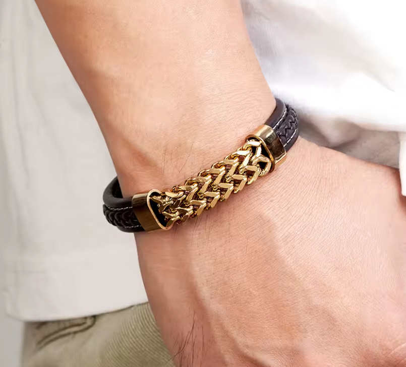 Men Vintage Style Leather Stainless Steel Bracelet