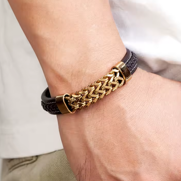 Men Vintage Style Leather Stainless Steel Bracelet
