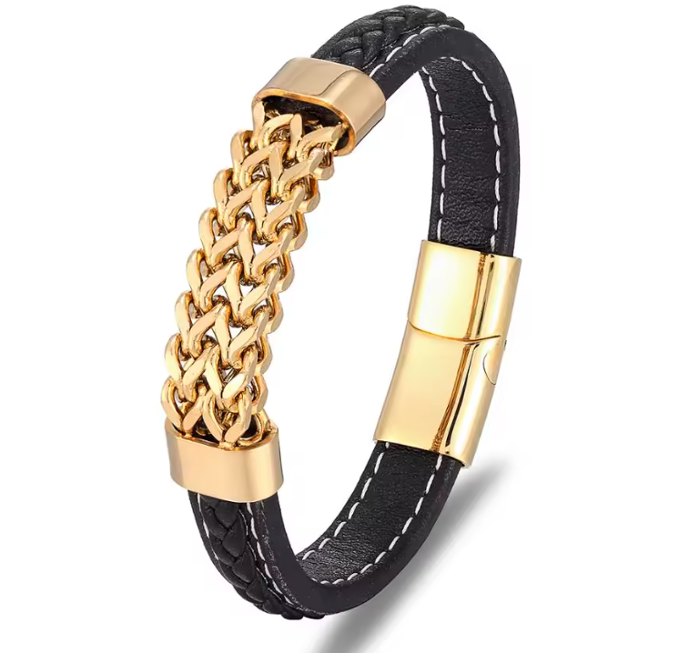 Men Vintage Style Leather Stainless Steel Bracelet