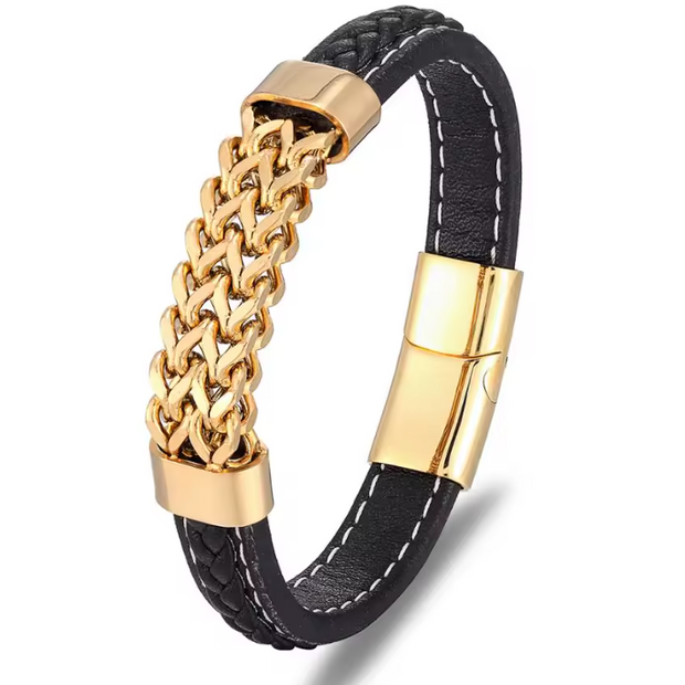 Men Vintage Style Leather Stainless Steel Bracelet