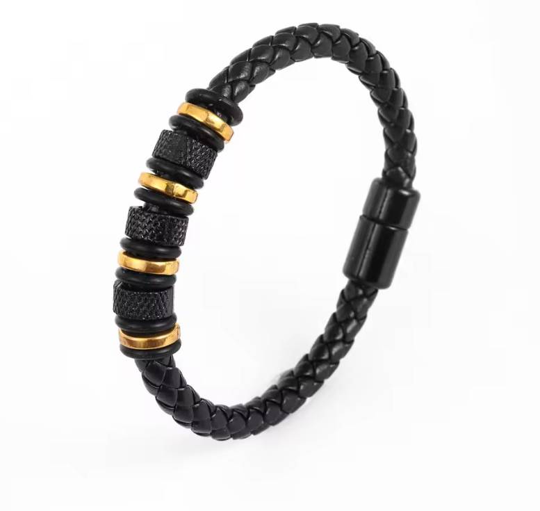 Men Braided Leather Stainless Steel Bracelet