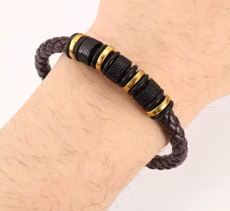 Men Braided Leather Stainless Steel Bracelet