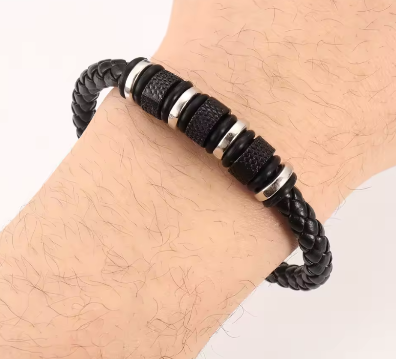 Men Braided Leather Stainless Steel Bracelet