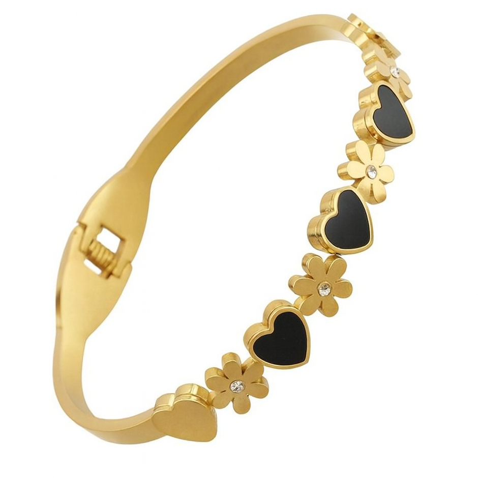 Women Stainless Steel Heart, Black Shell & Flower Cuff Bracelet
