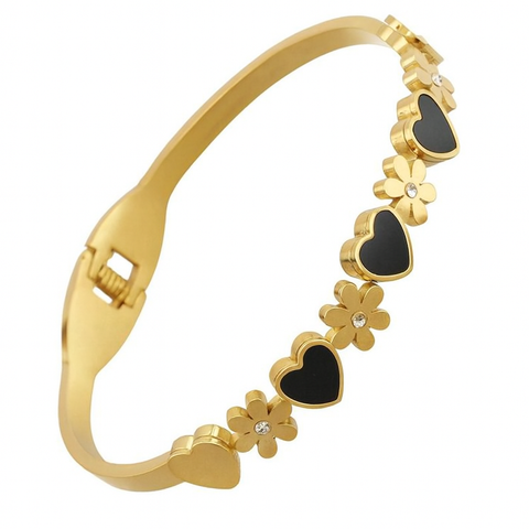 Women Stainless Steel Heart, Black Shell & Flower Cuff Bracelet