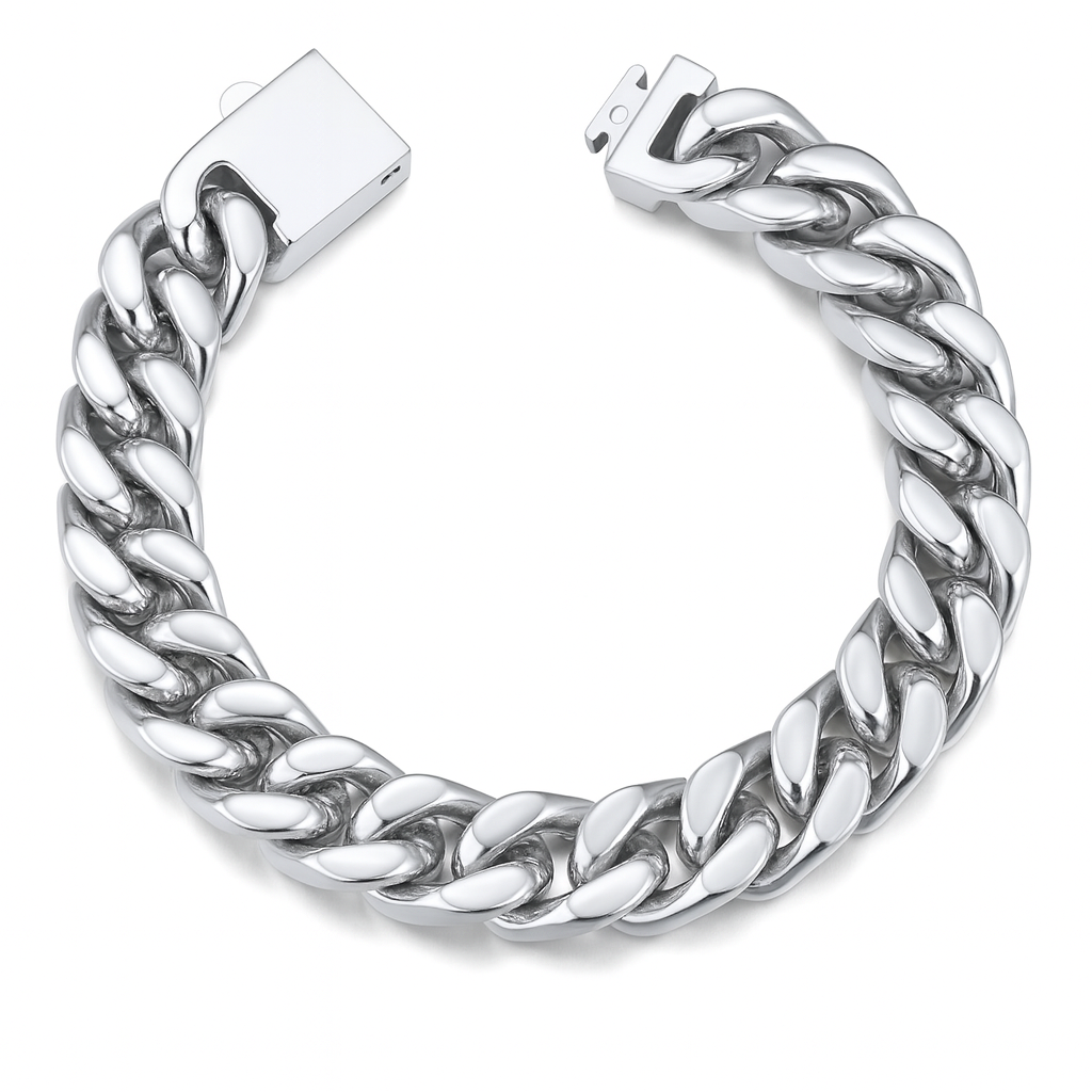 Men Silver 13mm Wide Stainless Steel Miami Curb Chain Bracelet