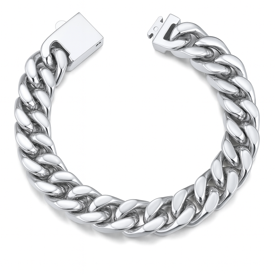 Men Silver 13mm Wide Stainless Steel Miami Curb Chain Bracelet