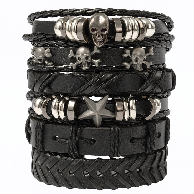 6Pcs/Set Black Punk Skull & Star Shaped Alloy & Pu Leather Bracelet