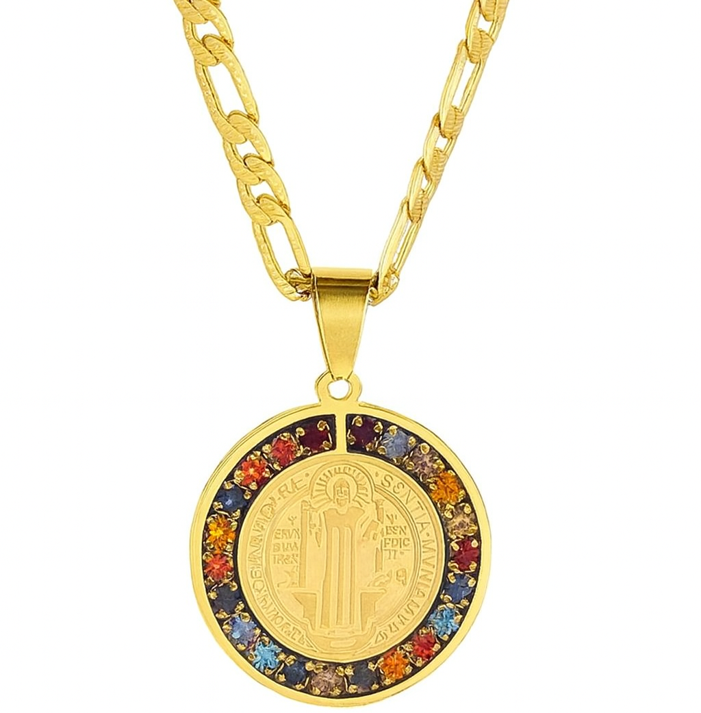 Unisex Colorful Crystal Saint Benedict Stainless Steel Medal Necklace
