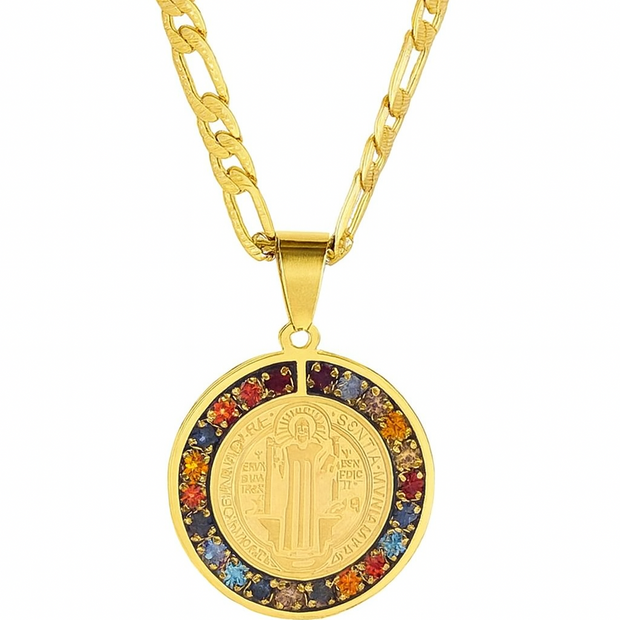 Unisex Colorful Crystal Saint Benedict Stainless Steel Medal Necklace