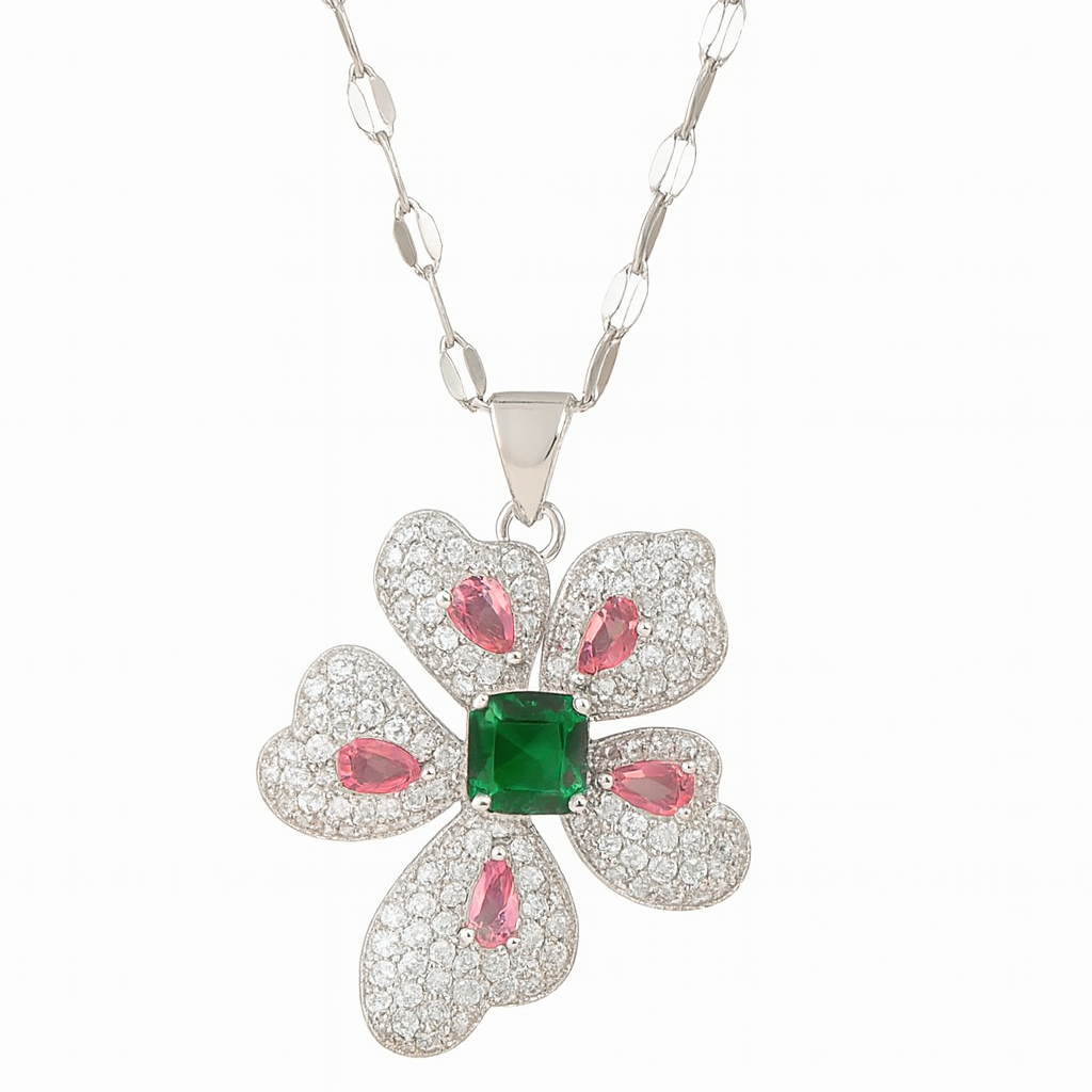 Women Rhinestone Stainless Steel Flower Pendant Necklace