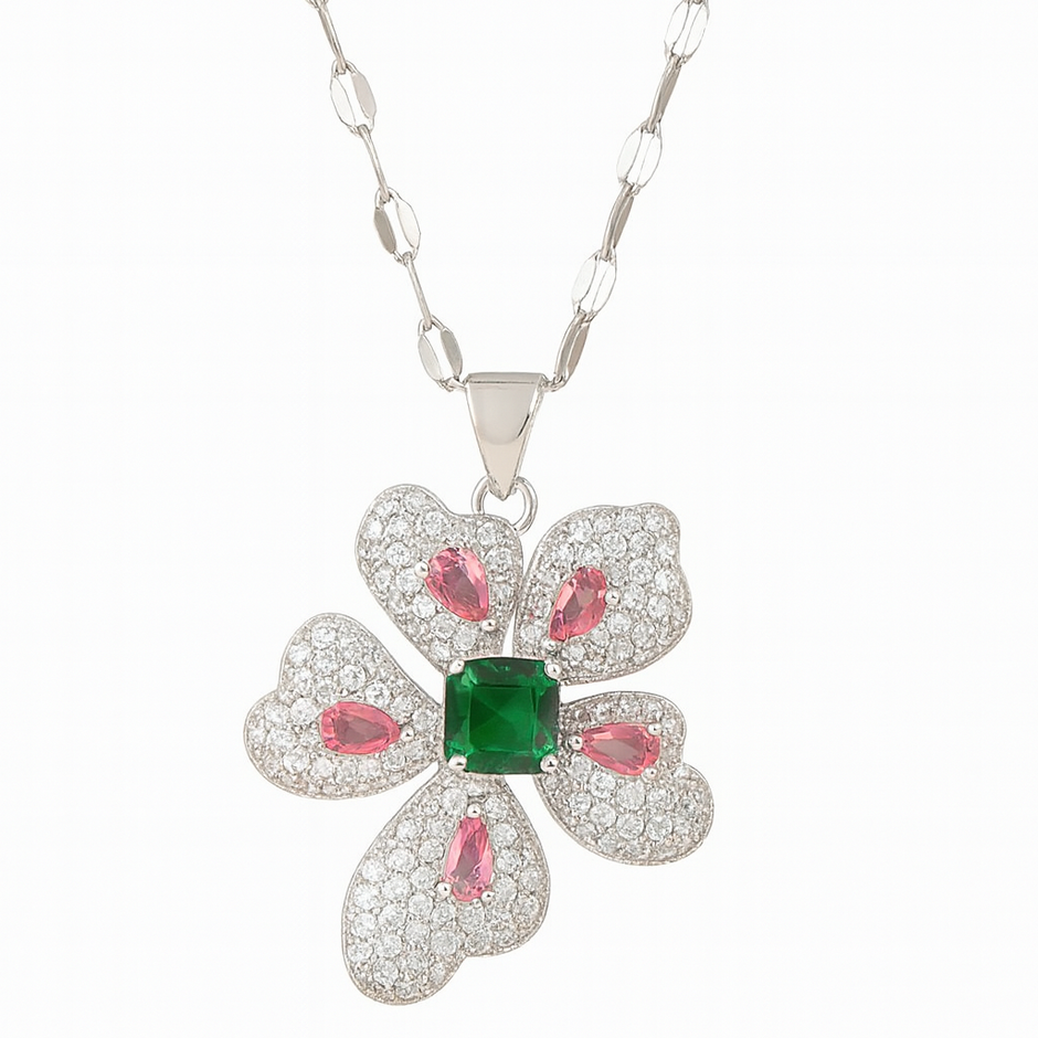 Women Rhinestone Stainless Steel Flower Pendant Necklace