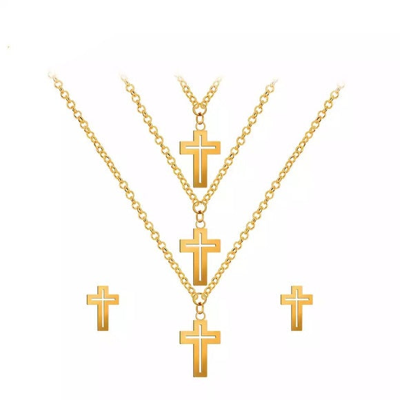 Stainless Steel Cross Necklace & Earrings Set