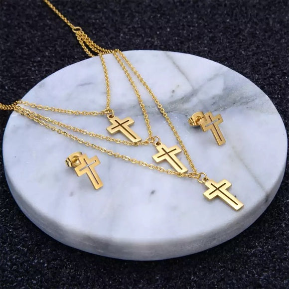 Stainless Steel Cross Necklace & Earrings Set