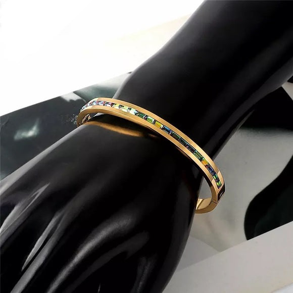 Women Colorful Crystal Row Bangle Stainless Bracelet