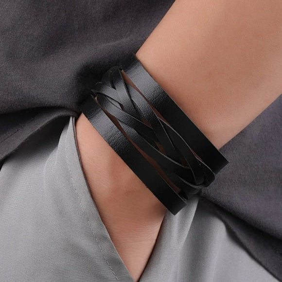 Men Black Leather Wide Bracelet