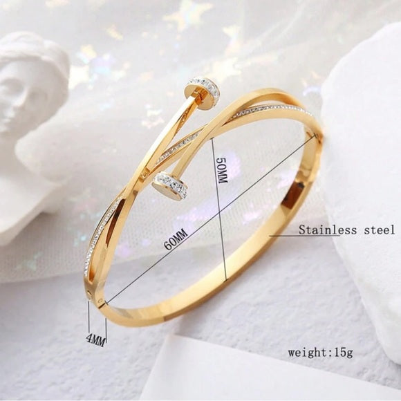 Unique Gold Nail Pattern Cross & Rhinestone Decor Stainless Steel Bracelet