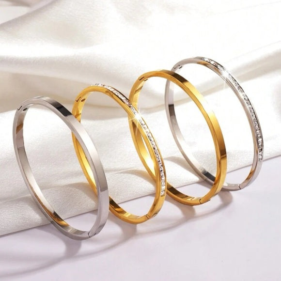4Pcs/Set Stainless Steel Square Rhinestone Bangle Bracelet