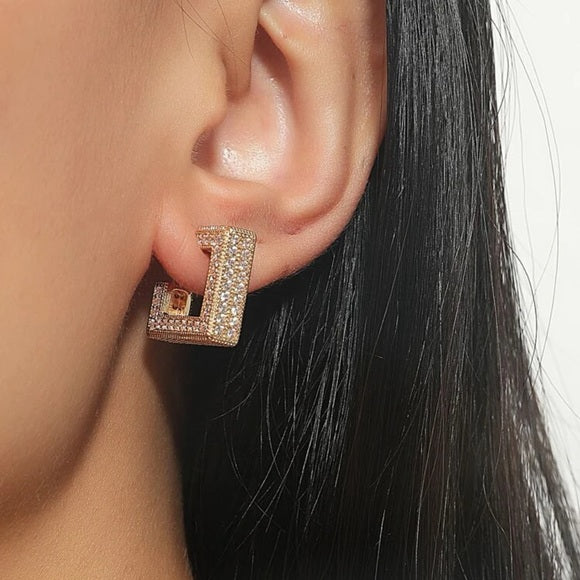 Women Stainless Steel Rhinestone Geometric Hoop Earrings