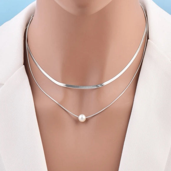 2pcs/Set Fashion Faux Pearl Decor Silver Chain Necklace For Women