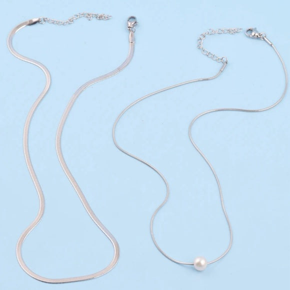 2pcs/Set Fashion Faux Pearl Decor Silver Chain Necklace For Women