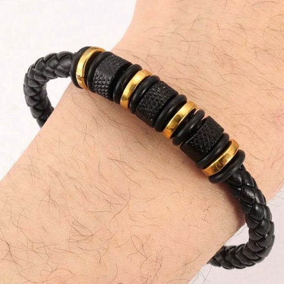 Men Braided Leather Stainless Steel Bracelet