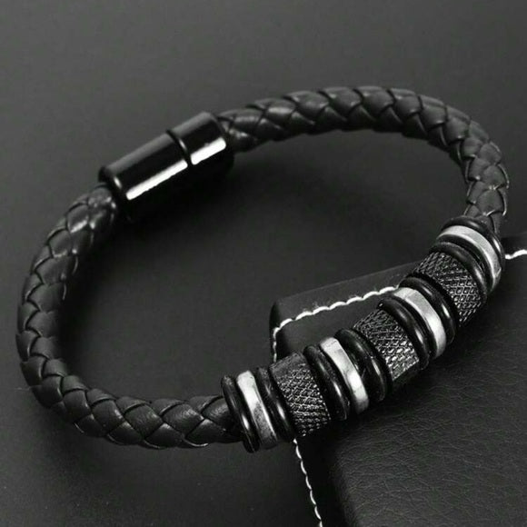 Men Braided Leather Stainless Steel Bracelet