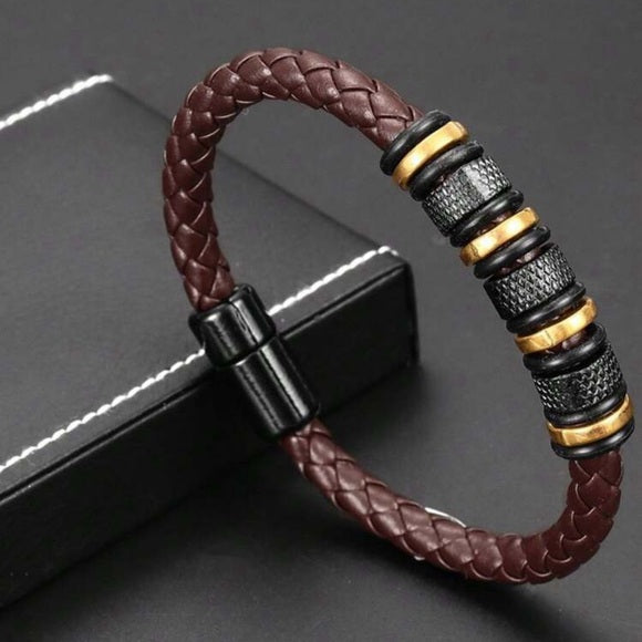 Men Braided Leather Stainless Steel Bracelet